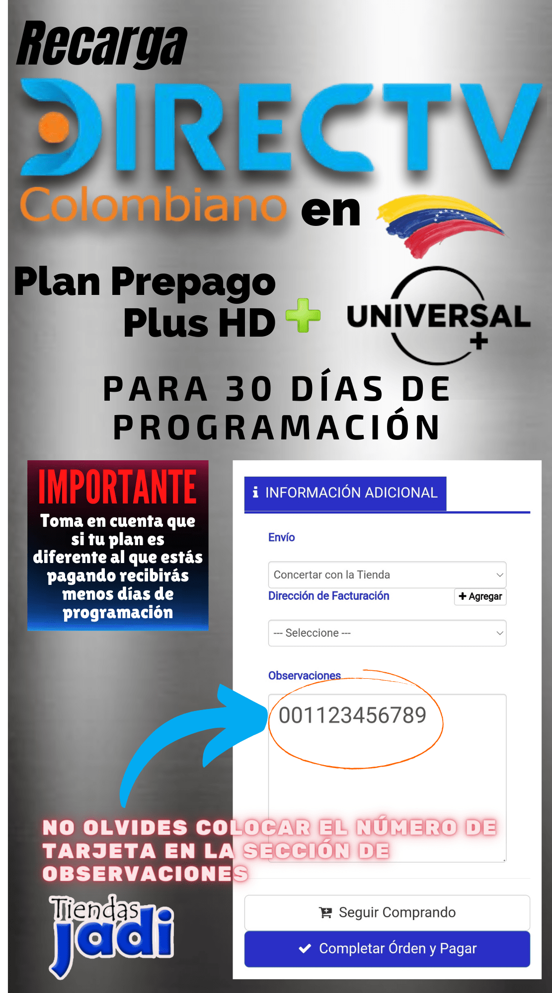 Recarga Plan Básico Directv Colombiano Prepago Plus + UNIVERSAL PLUS 30 Dias de Programación
