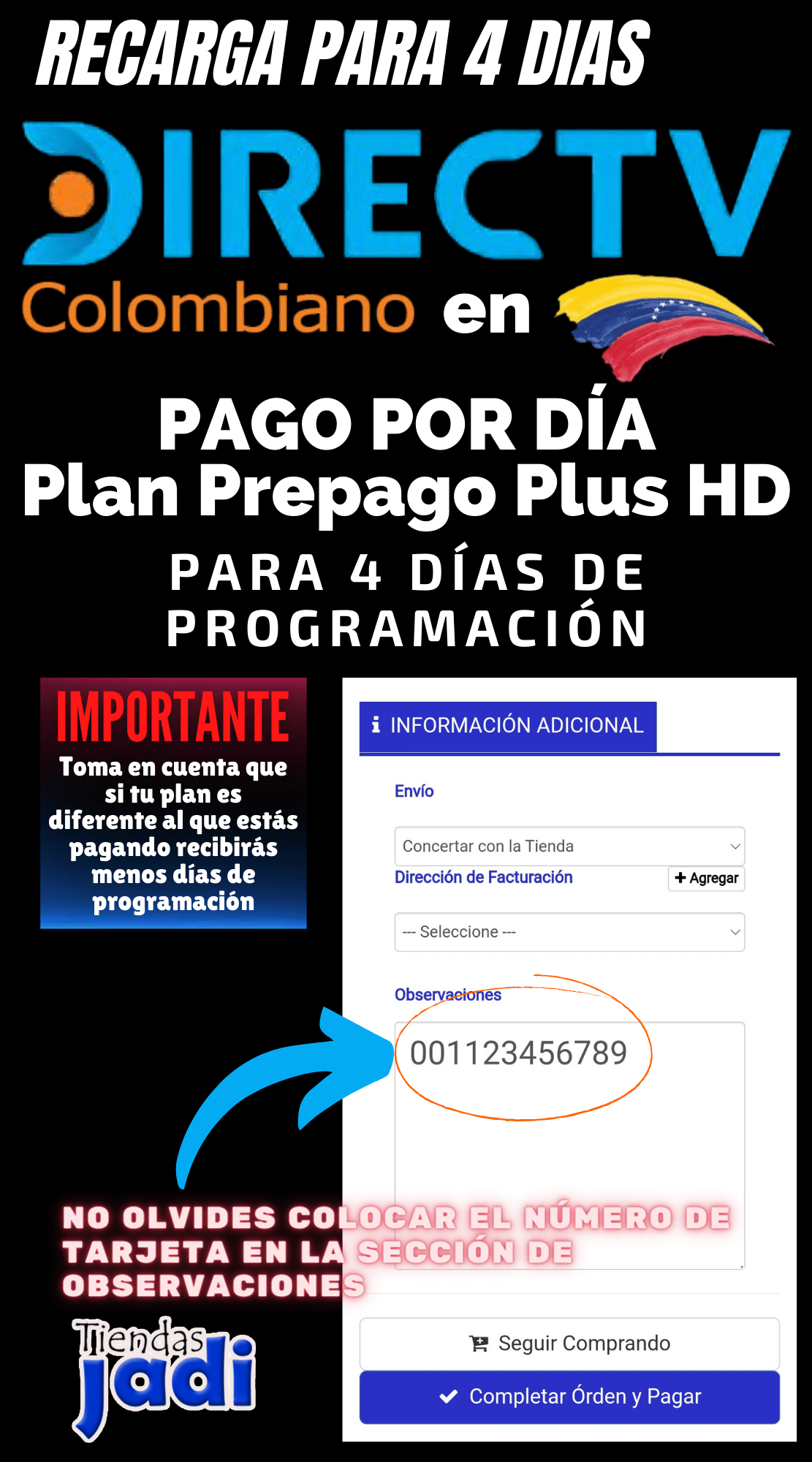 Recarga de Plan Básico Directv Colombiano 10.000 Pesos 3 Dias de Programación