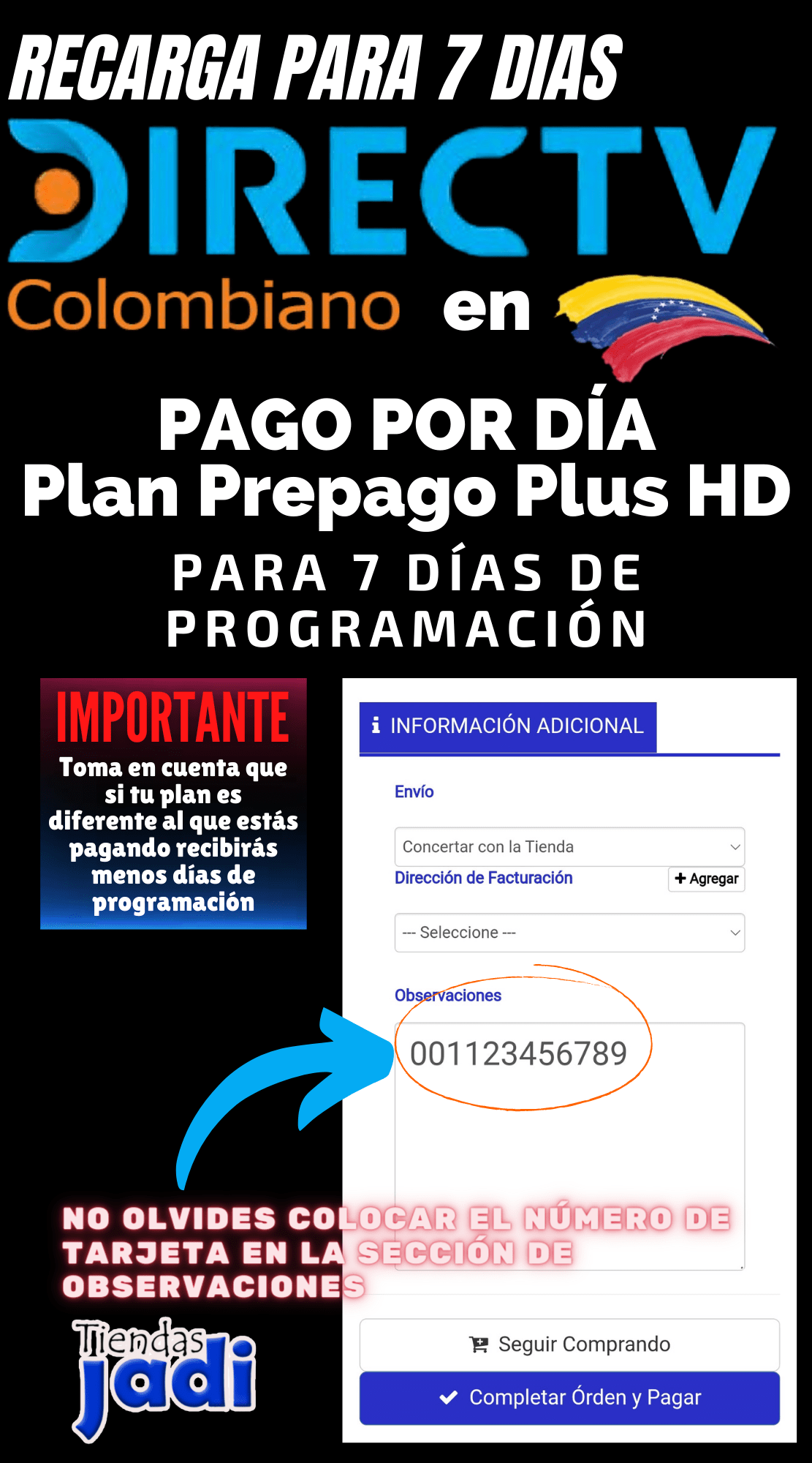 Recarga de Plan Basico Directv Colombiano 19.000 Pesos 7 Dias de Programacion