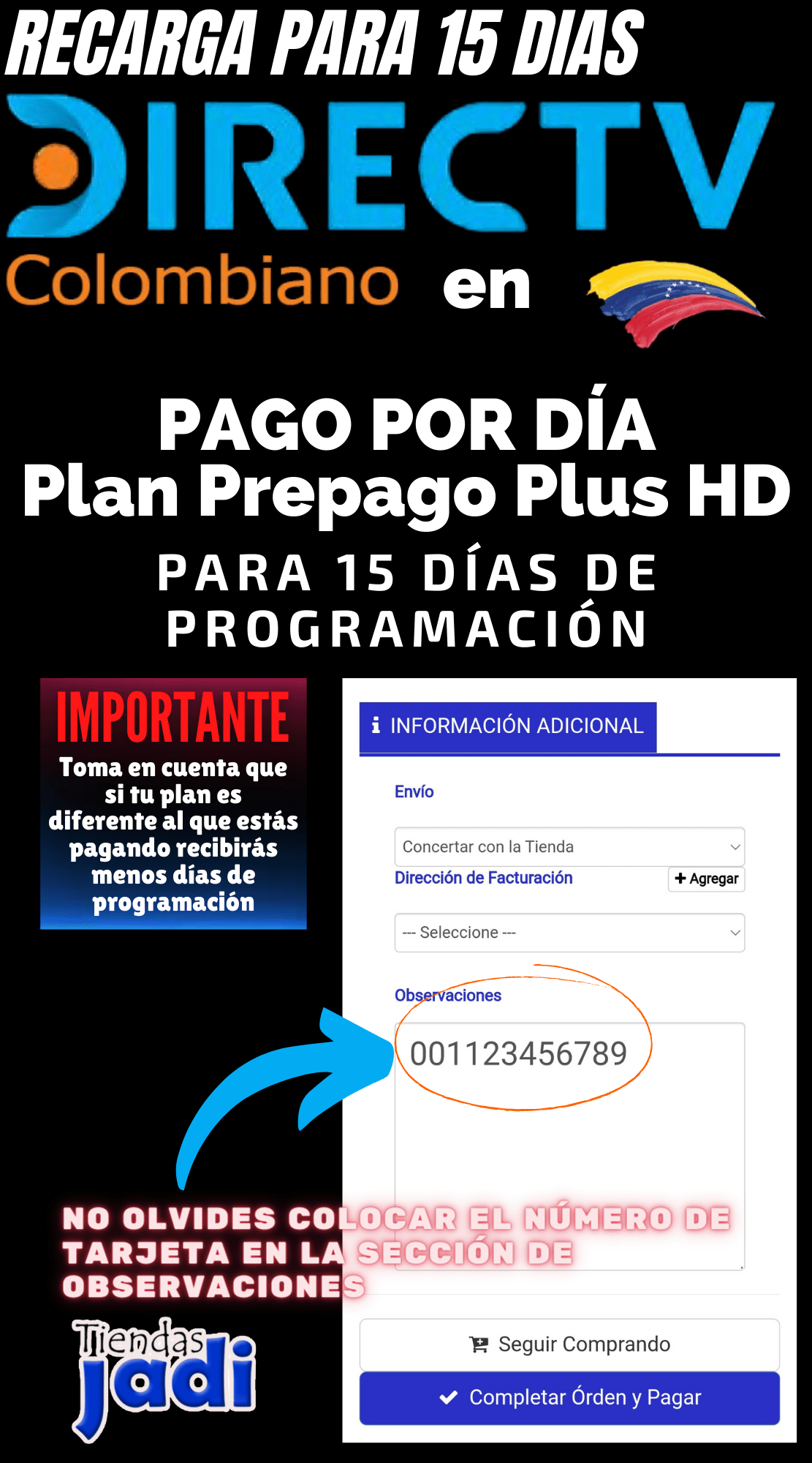 Recarga de Plan Basico Directv Colombiano 41.000 Pesos para 15 dias de programación
