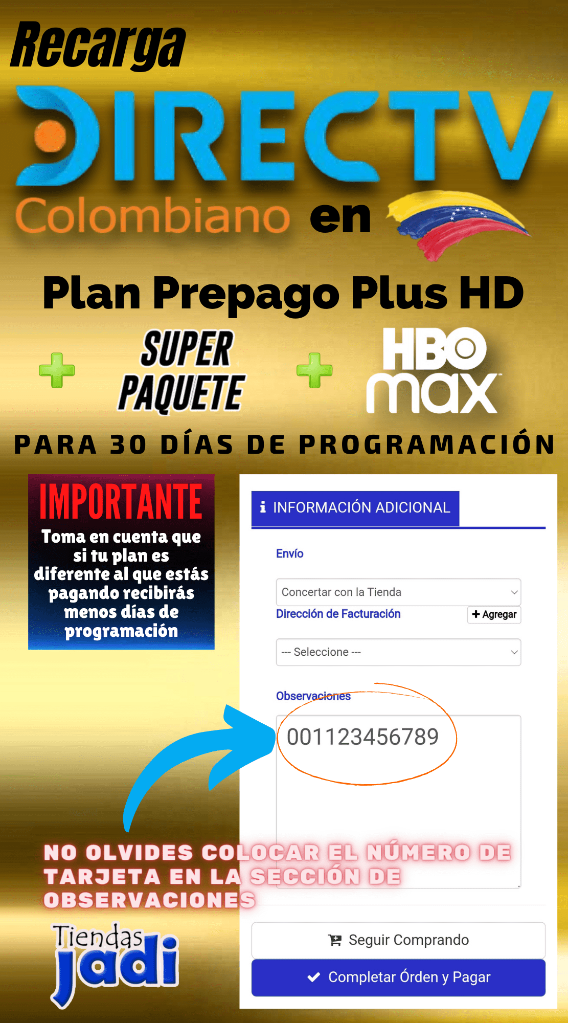 Recargar Directv Colombiano en Venezuela Plan Basico + Super Paquete + HBO 30 Dias de Programacion